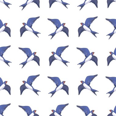 Beyaz arka planda kusursuz kırlangıç deseni. Kuşlar farklı açılardan uçar. Vektör, resimleme