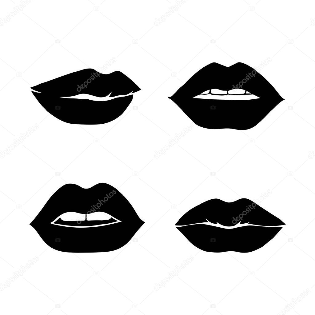 Set of glamour black lips. Beautiful female lips collection. Sexy kisses. Romantic smiles. Lips with teeth and tongue. Vector flat style icons.