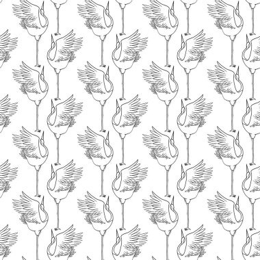 Modern düz geometrik tarzda Japon vinçleri olan kusursuz desen. Vektör, resimleme.