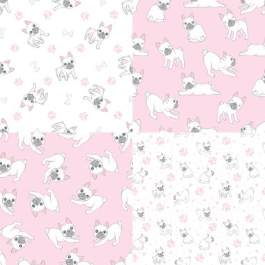 Pembe arka planda sevimli Fransız bulldog 'u olan kusursuz bir desen. Vektör illüstrasyonu.