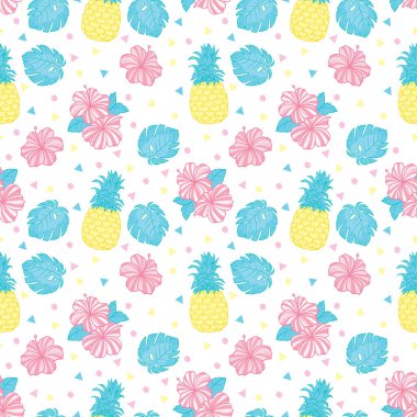 Beyaz arka planda egzotik meyveler. Ananaslı, kusursuz bir geçmişi var. Vektör, resimleme.