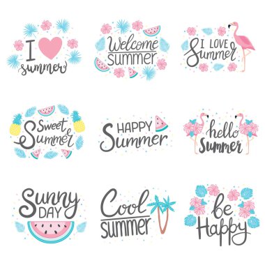 Summer Lettering Design Set - elle çizilmiş Vektör illüstrasyonu.