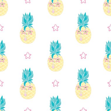 Güneş gözlüklü ananas siyaha kusursuz desenli. Vektör arkaplanı.