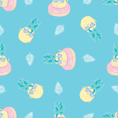 Güneş gözlüklü ananas siyaha kusursuz desenli. Vektör arkaplanı.