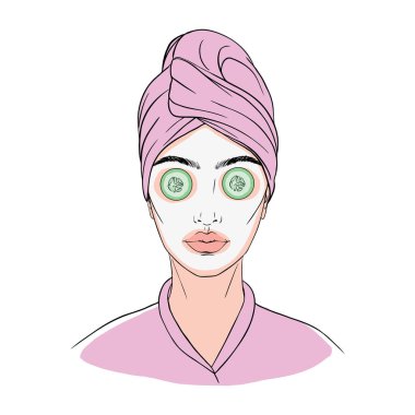 Yüz maskesi sayfası, cilt bakımı simgesi, güzellik teni, beyaz arkaplanda kadının yüz çizgisel işareti - düzenlenebilir vektör illüstrasyonu