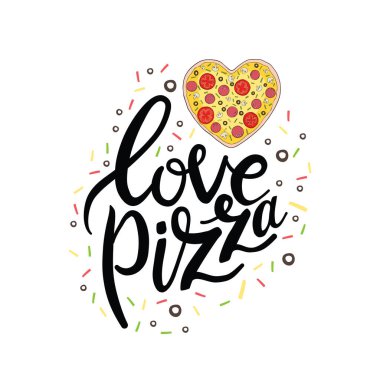 Pizza Mektubu. Renkli kaligrafisi olan hoş bir tebrik kartı. Çizgi film tarzında elle çizilmiş vektör çizimi