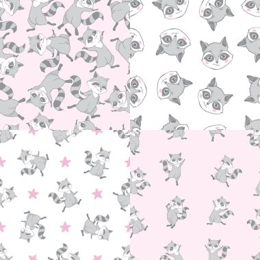 Süper sevimli rakunlar, kusursuz desenler ve posterler. Küçük Rakun Kafalar 'ın Çocuksu Geçmişi. Çocuklar için Tee Print Çizen Vektör Bebek Komik Hayvanlar.