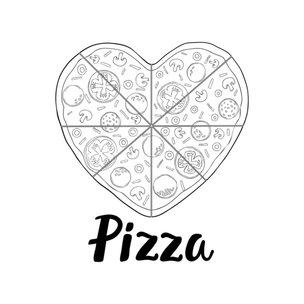 Pizza Kształcie Serca Walentynki Ręcznie Rysowana Ilustracja Pizzy Szkic Wektora — Wektor stockowy
