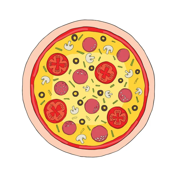 Pizza Med Smält Ost Och Pepperoni Tecknad Dekal Komisk Stil — Stock vektor