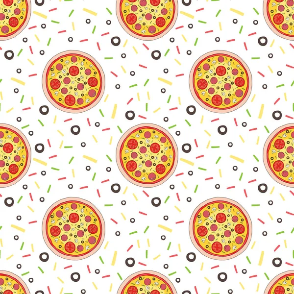 Pizza Slices Seamless Pattern Vector Illustration White Background Funny Cartoon — Stock Vector