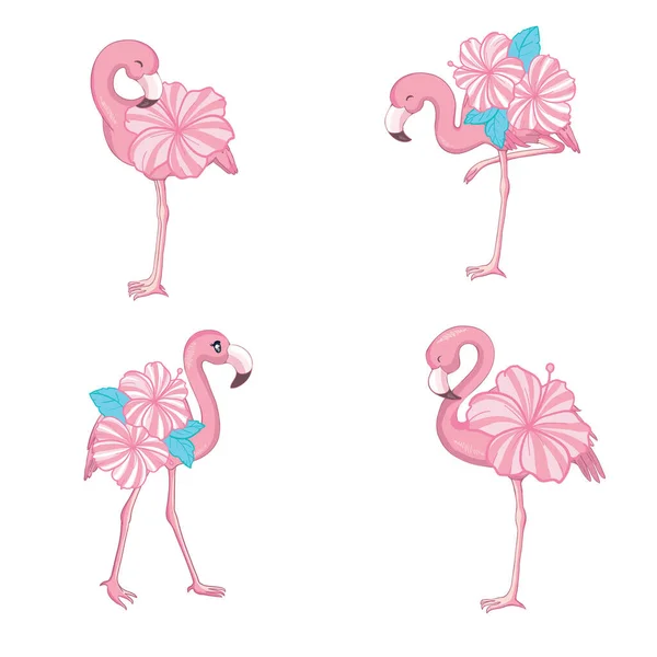 Conjunto Plano Desenho Animado Vetorial Flamingo Rosa Coleção Ícones Pássaros — Vetor de Stock