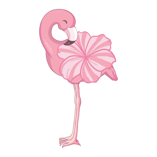 Şirin Flamingo Yapraklı Çiçekler Çocuk Baskısı Tropikal Tasarım Beyaz Arkaplanda — Stok Vektör