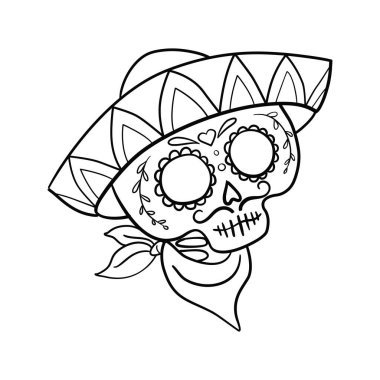 Şeker kafatası. Siyah dövme. Siluet. Meksikalı ÖIüler Günü. Vektör çizim