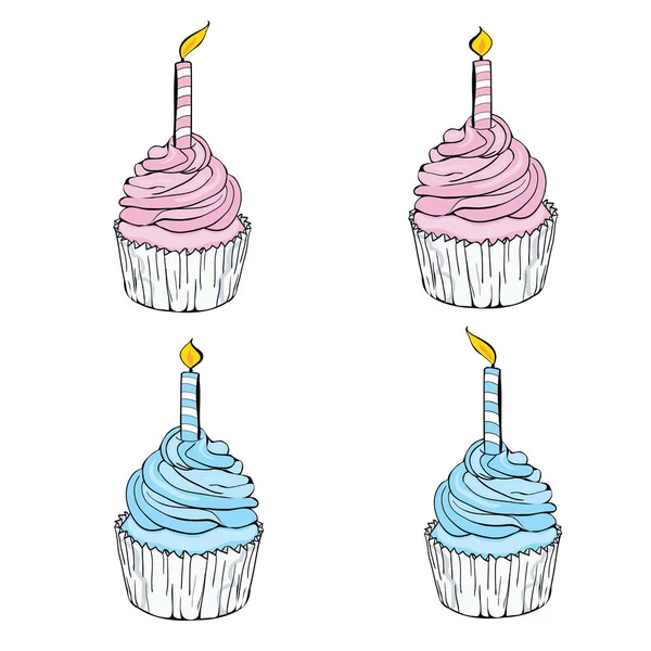 Pink Birthday Celebration Cupcake Line Icon Candle Symbol Vector Illustration — Stock Vector