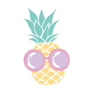 Bardaklı ananas meyvesi ikonu. Şirin bir çizgi film kawaii, komik bir çocuk karakteri. Güneş gözlüğü. Merhaba, yaz. Bir tebrik kartı. Düz dizayn. Vektör illüstrasyonu