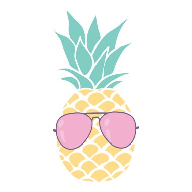 Bardaklı ananas meyvesi ikonu. Şirin bir çizgi film kawaii, komik bir çocuk karakteri. Güneş gözlüğü. Merhaba, yaz. Bir tebrik kartı. Düz dizayn. Vektör illüstrasyonu