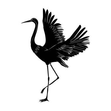 Beyaz arka planda uçan bir vincin silüeti. Vektör illüstrasyonu