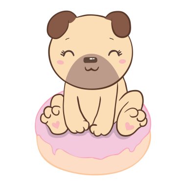 Beyaz arka planda donut tarzı bir pug. Vektör, il