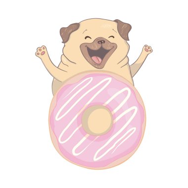Beyaz arka planda donut tarzı bir pug. Vektör, il