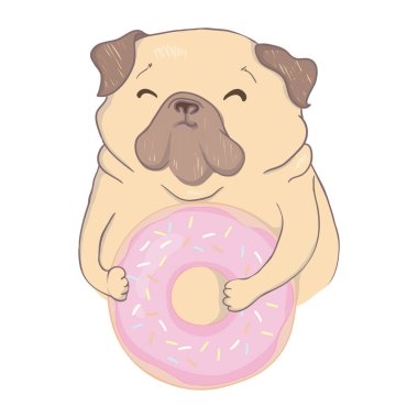 Beyaz arka planda donut tarzı bir pug. Vektör, il