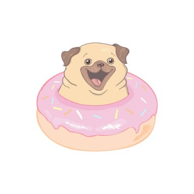Beyaz arka planda donut tarzı bir pug. Vektör, il