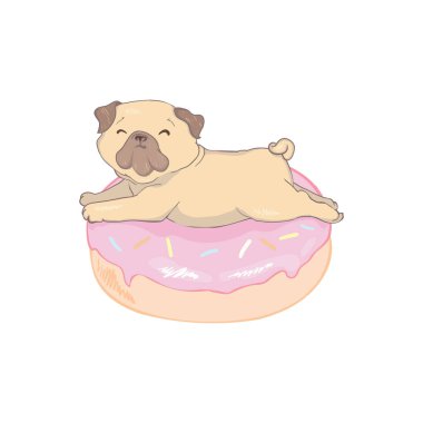 Beyaz arka planda donut tarzı bir pug. Vektör, il