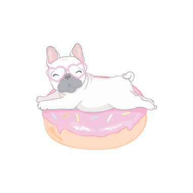 Güzel bir bulldog ve izole edilmiş beyaz bir arka planda bir çörek. Görüntü, vektör