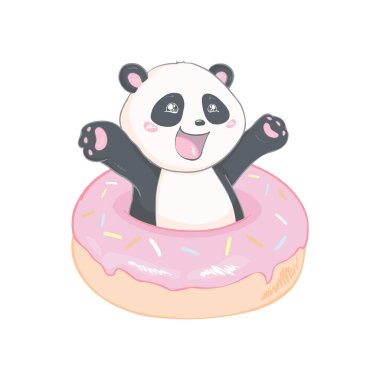 Şirin Panda, vektör çizimi. Hayvanların taşıyıcısı. Donutlu panda. Sevgililer Günü Tebrik Kartı