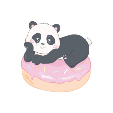 Şirin Panda, vektör çizimi. Hayvanların taşıyıcısı. Donutlu panda. Sevgililer Günü Tebrik Kartı