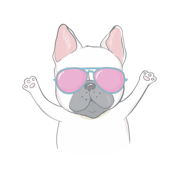 法国斗牛犬戴眼镜 一只带着白色背景眼镜的狗 图解矢量漫画 — 图库矢量图片