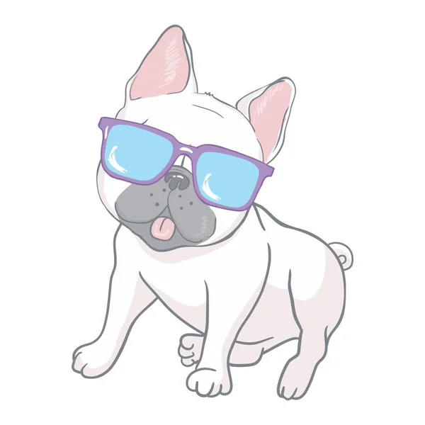 Bulldog Francês Com Óculos Cão Com Óculos Fundo Branco Desenho — Vetor de Stock