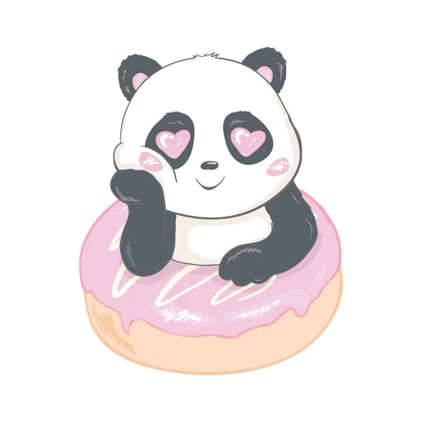 Urso Bonito Panda Ilustração Vetorial Vetor Animais Panda Com Donut — Vetor de Stock