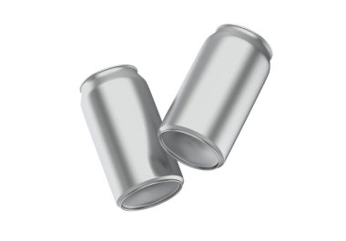 Metalik bira, alkol, meyve suyu, enerji içeceği ve soda, alüminyum metal, izole edilmiş beyaz arka planda, 3d illüstrasyonda taklit edilebilir.