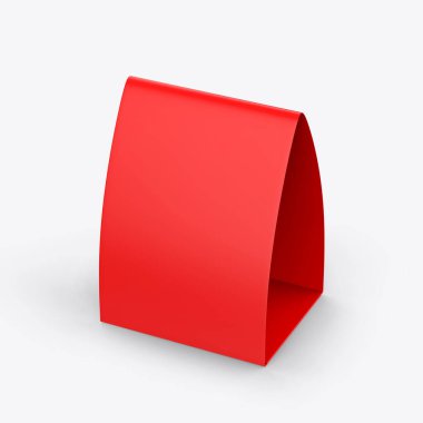 Promosyon için boş masa modeli, dizayn kullanımı için kırmızı masa kartı modeli, iş toplantısı veya restoran menüsü için üçgen kağıt kart, 3D illüstrasyon