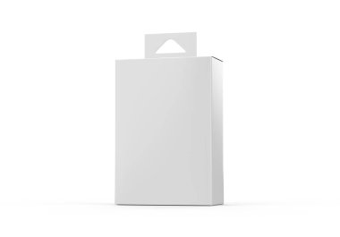 Askı sekmeli boş karton kutu paketleme, izole edilmiş beyaz arkaplanda şablon oluşturma, tasarım sunumuna hazır, 3d illüstrasyon