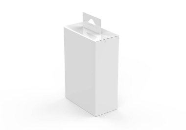 Askı sekmeli boş karton kutu paketleme, izole edilmiş beyaz arkaplanda şablon oluşturma, tasarım sunumuna hazır, 3d illüstrasyon