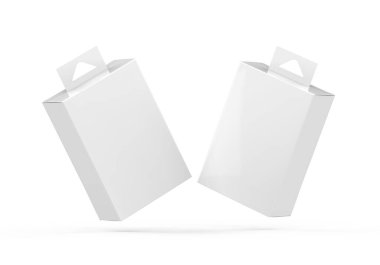 Askı sekmeli boş karton kutu paketleme, izole edilmiş beyaz arkaplanda şablon oluşturma, tasarım sunumuna hazır, 3d illüstrasyon