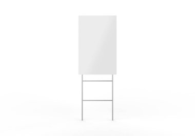 Boş gayrimenkul satışı afişi panosu. İzole edilmiş beyaz arkaplandaki boş bahçe işareti şablonu, 3d illüstrasyon