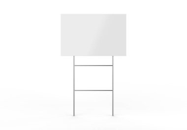 Boş gayrimenkul satışı afişi panosu. İzole edilmiş beyaz arkaplandaki boş bahçe işareti şablonu, 3d illüstrasyon