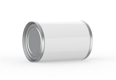 Metalik yemek kalıbı balık, fasulye, et, mısır, bezelye ve sebze için maket yapabilir. Tasarım sunumu için çelik kavanoz modeli, 3D illüstrasyon