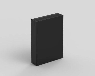 İzole edilmiş beyaz arkaplandaki boş siyah yiyecek kutusu şablonu tasarım sunumuna hazır, 3d illüstrasyon