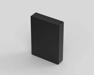 İzole edilmiş beyaz arkaplandaki boş siyah yiyecek kutusu şablonu tasarım sunumuna hazır, 3d illüstrasyon