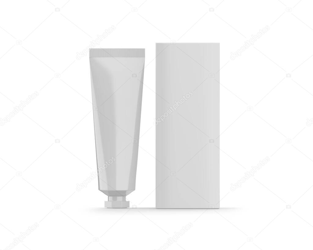White glossy plastic tube for cosmetics - beauty cream, gel, skin care, moisturizer, toothpaste. Packaging mockup template on isolated white background, 3d illustration