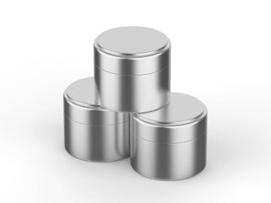 Metalik kozmetik krem kavanozu, izole edilmiş beyaz arkaplan, 3d illüstrasyon şablonu oluşturur