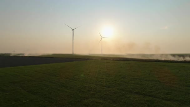 日落时 田野里的风力涡轮机 Eemshaven Groningen — 图库视频影像