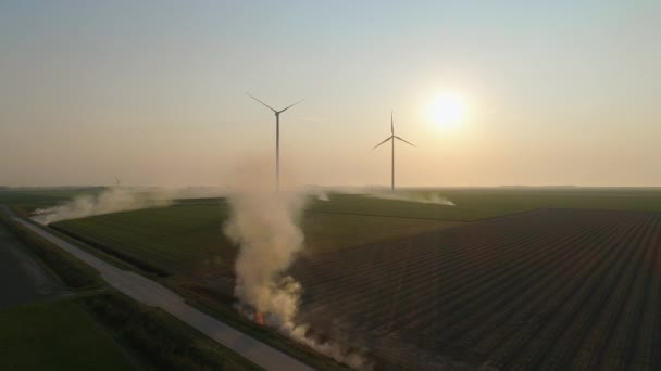 Turbiny Wiatrowe Dym Polach Zachodzie Słońca Eemshaven Groningen Holandia — Wideo stockowe