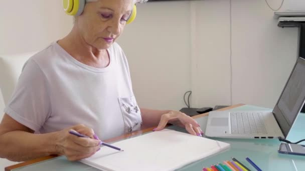 Mujer Mayor Con Auriculares Dibujo Mirando Computadora Portátil — Vídeo de stock
