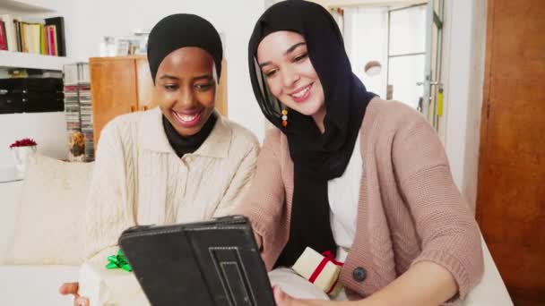 Two Women Chatting Online Using Digital Tablet — Stock Video