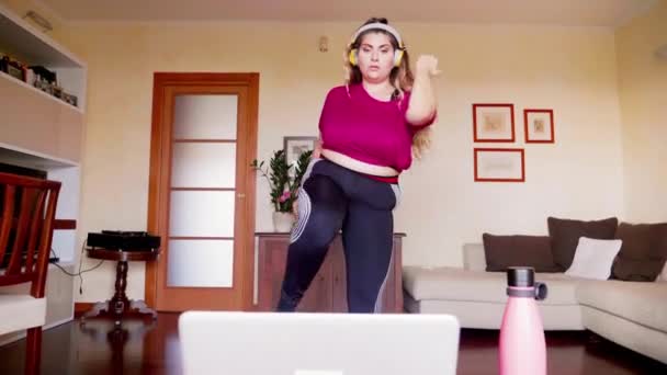 Young Woman Exercising Front Laptop Home — Stock Video