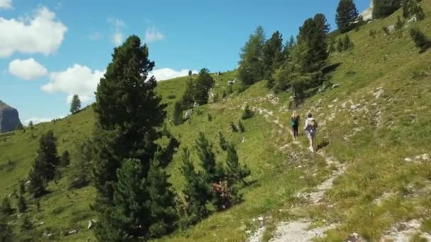 Man Woman Hiking Mountain Landscape Alta Badia Italy — Stock Video